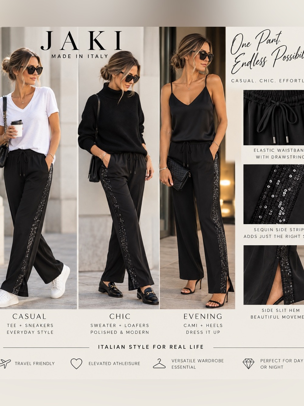 NWT JAKI Italy Black Sequin Side Stripe Pants S/M Tuxedo Trouser